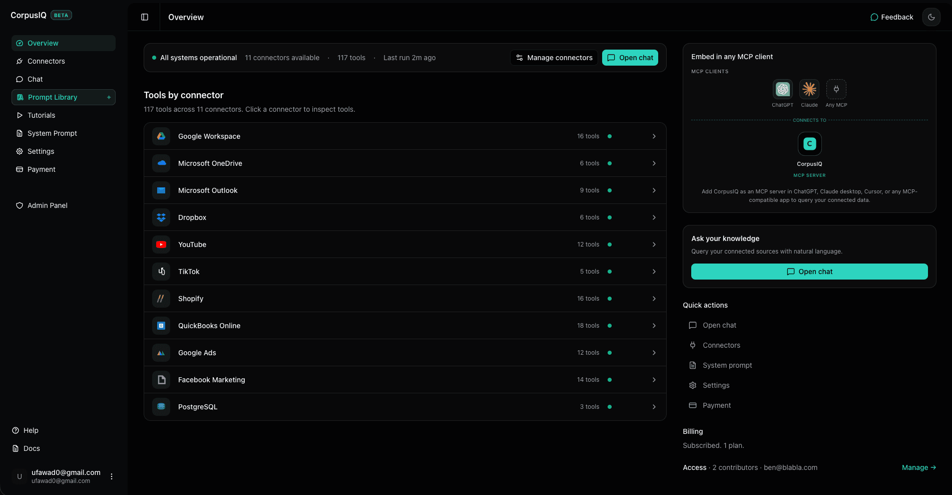 CorpusIQ dashboard with connected business tools